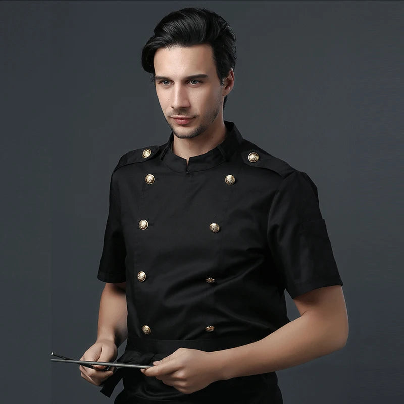 Men Short Sleeves Breathable Double-Breasted Chef Food Service Cuisine Cook Workwear T-Shirt Kitchen Work Uniforms Aprons New