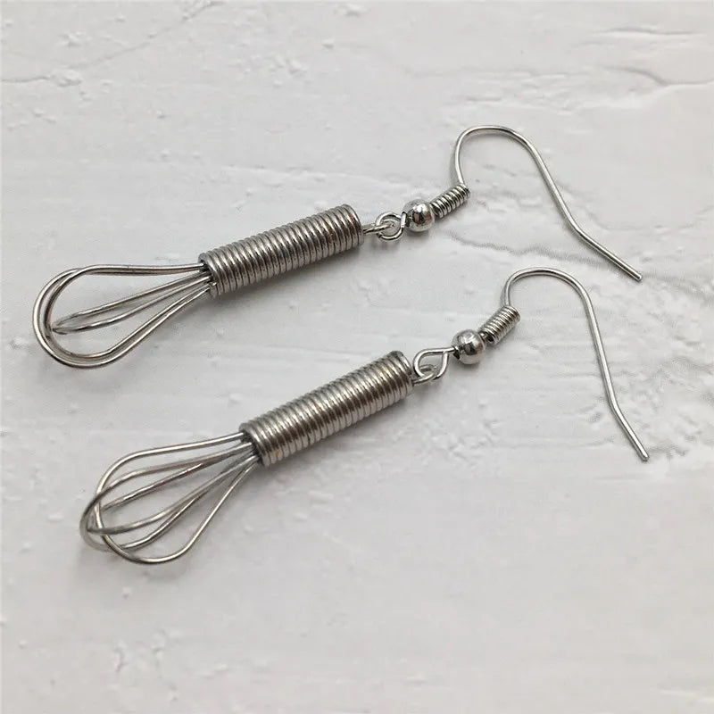 3D Miniature Silver Plated Wire Wrapped Whisk Dangle Earrings Unique Handmade Jewelry Gift for Cook or Baker Chef Jewelry